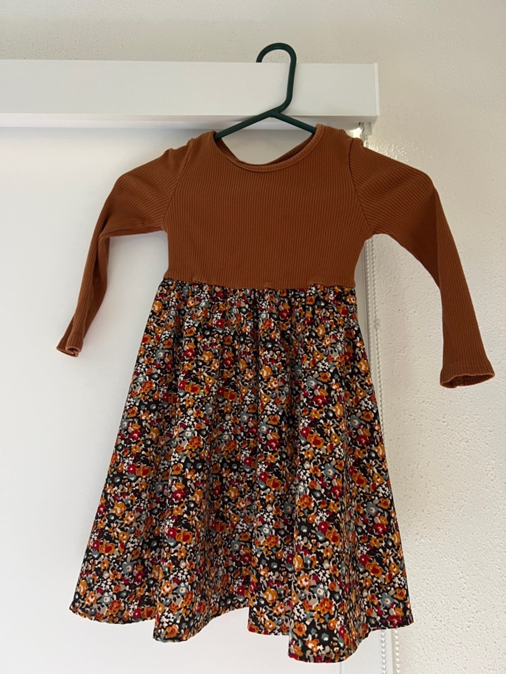 SHEIN Brown Ribbed Bodice Floral Skirt Dress